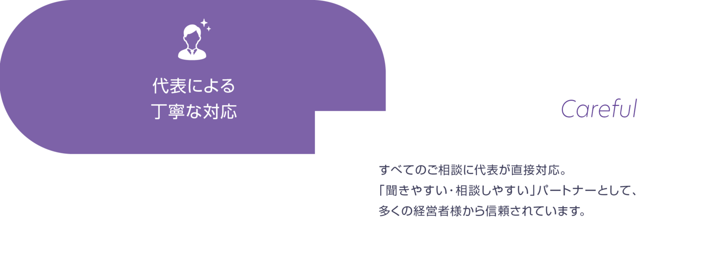 代表による丁寧な対応。すべての相談に代表が直接対応。「聞きやすい・相談しやすい」パートナーとして、多くの経営者から信頼をいただいております。